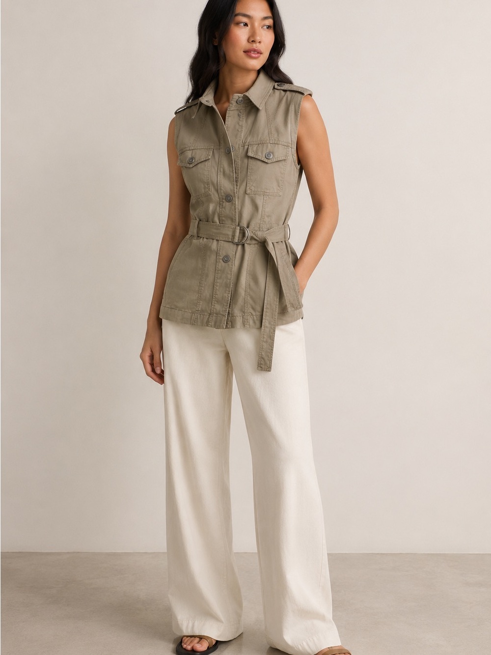 NWT Ann Taylor Utility Cargo Vest Size S Khaki Brown Belted Military Jacket